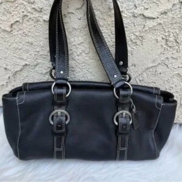 Coach Black Leather Shoulder Bag with Buckle Rings